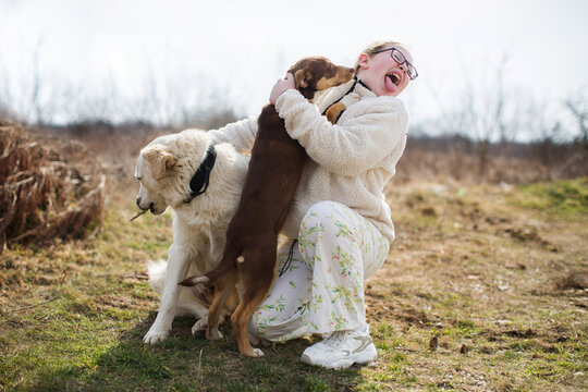 Girl licked by the dog 