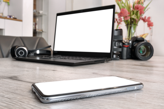 mockup image blank PNG screen computer, cell phone with white background for advertising text and laptop texting mobile contact business search information on desk. marketing,design - Powered by Adobe