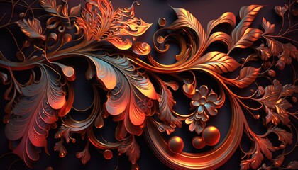 Vermillion Abstract Metal Ornate Vine and Flower Pattern | Generative AI