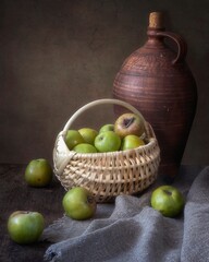 Still life with basket of green apples