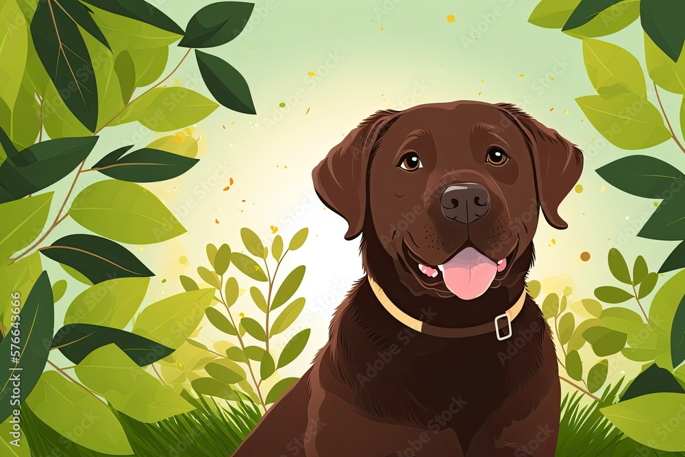 Sticker Brown Labrador retriever puppy smiling on a bokeh leaf background. Canine with a winsome grin on a green tree leaf at sunset; copy space provided. The Chinese zodiac dog year begins in 2018