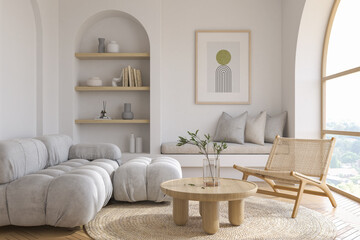 Fototapeta premium Japandi style conceptual interior room 3d illustration