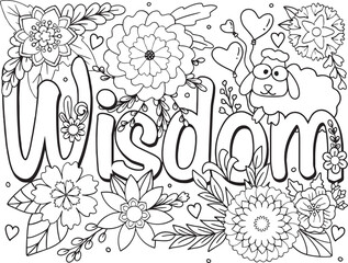 Wisdom font with a sheep and flower element for Valentine's day or Love Cards. Hand-drawn with inspiration word. Coloring book for adults and kids. Vector Illustration.
