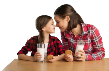 Happy mother and her daughter smiling while drinking milk and eating