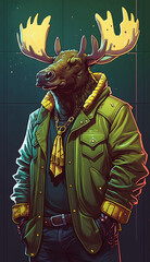 Moose Wearing A Neon Leather Jacket Fashion Model Generative AI Digital Illustration Part#010323 
