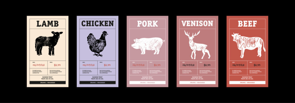 Meat Abstract Vector Packaging Labels Design Set. Modern Typography Banner, Hand Drawn Chicken, Beef, Pork, lamb, venison. Color Paper Background Layouts Collection Isolated.
