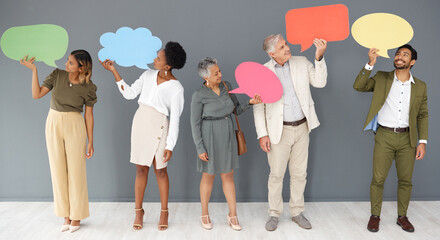 Comment, question and mockup with business people and speech bubble for logo, social media and...