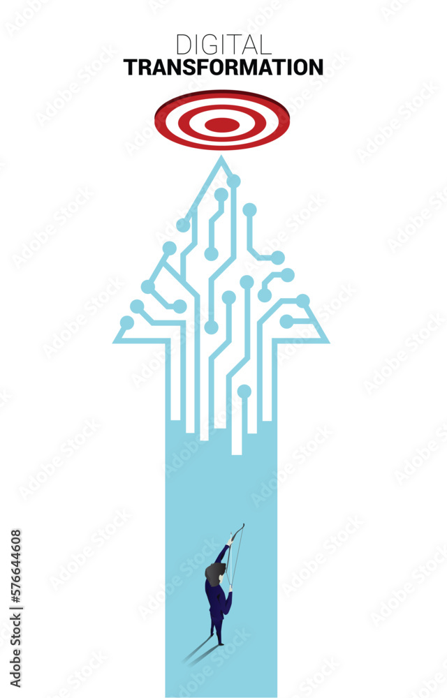 Poster businessman in suit shoot the arrow to target on the way with dot connect line circuit. concept of d