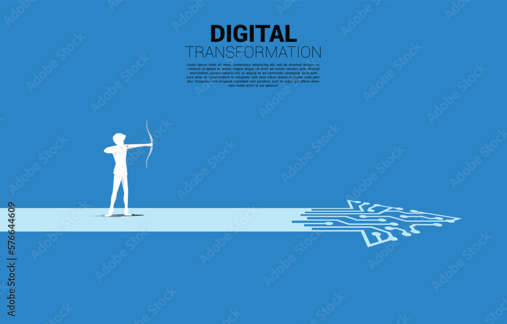 Poster businessman in suit shoot the arrow to target on the way with dot connect line circuit. concept of d
