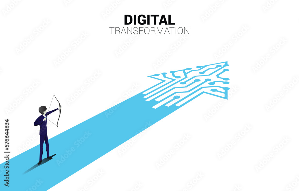 Aufkleber Businessman in suit shoot the arrow to target on the way with dot connect line circuit. concept of digital transformation of business.