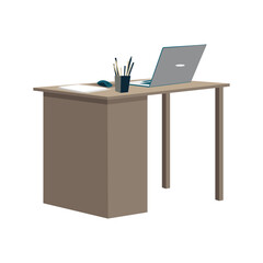 A working wooden table with a laptop, working papers, a glass with pens. Workspace in the office and at home. Vector illustration in a simple style.