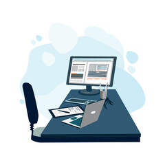A working wooden table with a laptop, working papers, a glass with pens. Workspace in the office and at home. Vector illustration in a simple style.