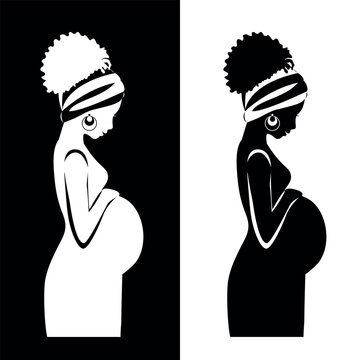 The silhouette is a beautiful pregnant woman hugs her stomach. The happiness of motherhood. Vector illustration is black and white. Linocut. Minimalism.