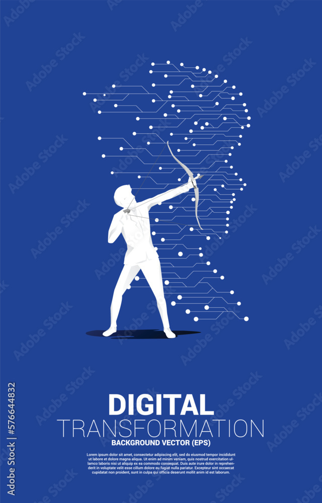 Poster Businessman in suit shoot the arrow with man head from dot connect line circuit board style . Concept background human future and technology