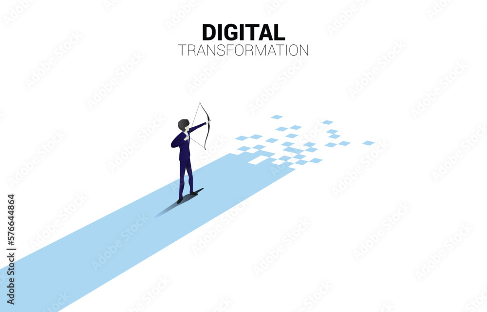 Poster businessman in suit shoot the arrow to target on the way with dot pixel. concept of digital transfor