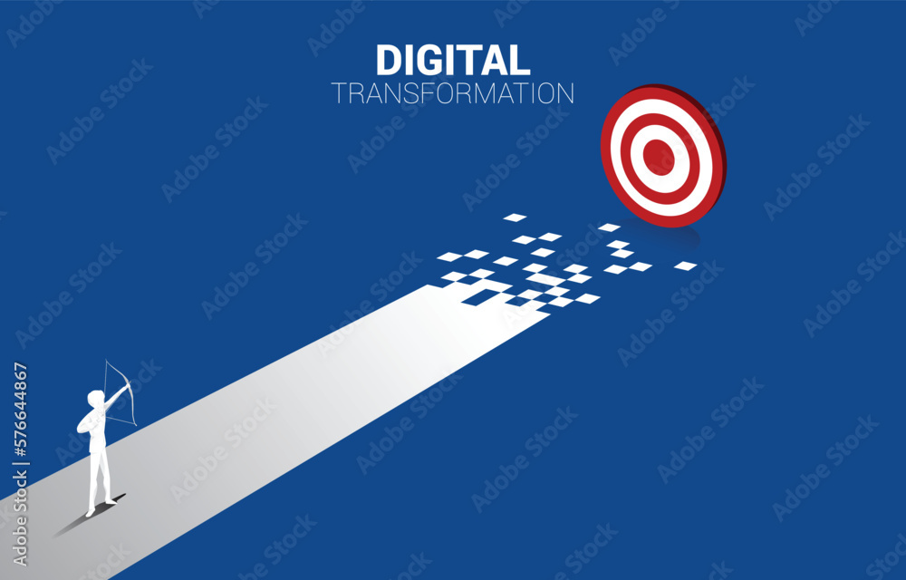 Poster Businessman in suit shoot the arrow to target on the way with dot connect line circuit. concept of digital transformation of business.