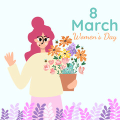 Vector isolated illustration of cute woman with flowers.Greeting card international woman's day.Vector illustration