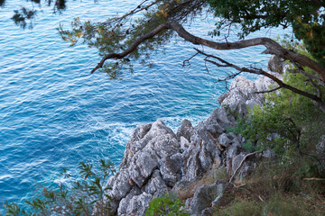 Top view of beautiful blue sea surface and fantastic rocky coast, Montenegro