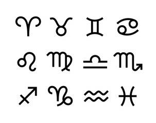 Collection of zodiac signs icons. 12 signs of astrology. Attribute of a horoscope or cosmos.