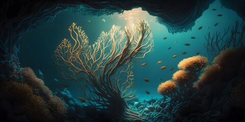Beautiful Underwater Landscape with Coral Reefs and Colorful Fish, Generative AI