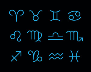 Collection of zodiac signs icons. 12 signs of astrology. Attribute of a horoscope or cosmos.