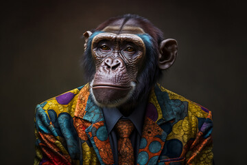 Portrait of a Chimpanzee Dressed in a Colorful Suit, Creative Stock Image of Animals in Suit. Generative AI