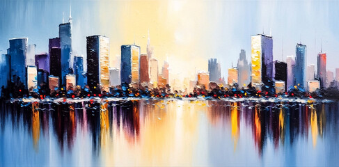 skyscraper city skyline with water reflection. oil painting. generative AI
