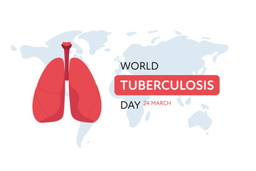 Tuberculosis disease concept. Vector flat healthcare illustration. World day horizontal banner template. Red infected lung with bacteria on map background. Design element for health care, pulmonology