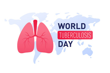 Tuberculosis disease concept. Vector flat healthcare illustration. World day horizontal banner template. Red infected lung on map background. Design element for health care, pulmonology