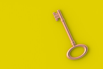 Vintage key. Symbol of success business. Buying a house. Rental property. Copy space. Top view. 3d render
