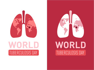 Tuberculosis disease concept. Vector flat healthcare illustration. World day vertical banner template set. Lungs with map pattern on white, red background. Design element for health care, pulmonology