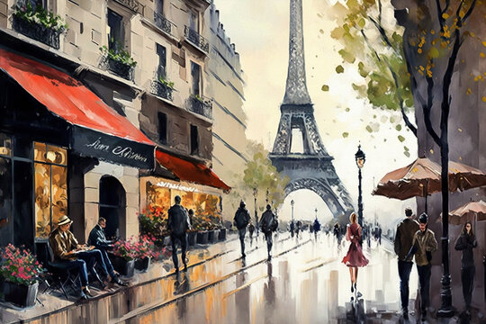 view to the eiffel tower from pedestrian street in Paris. oil painting. generative AI