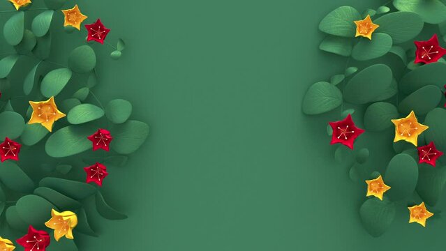 Frame of blooming red and yellow flowers and green leaves, copy space in the center of composition. Card for birthday, mother's day, women's day. 3d render