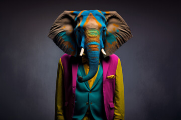 Portrait of a Elephant Dressed in a Colorful Suit, Creative Stock Image of Animals in Suit. Generative AI