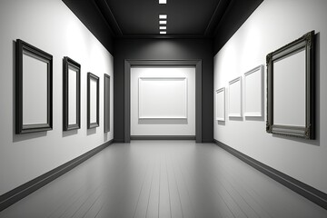Empty blank frames mock up in a gallery. Generative AI illustration.