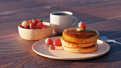 Realistic food. Pancakes with honey and strawberries on wooden table. 3D render