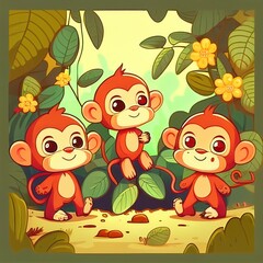 Fototapeta premium Cartoon cute monkeys, generative ai