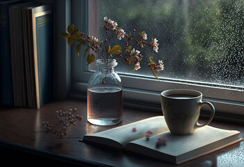 Still life with an open book and cherry blossoms in a vase on a windowsill, rany day, generative ai - obrazy, fototapety, plakaty