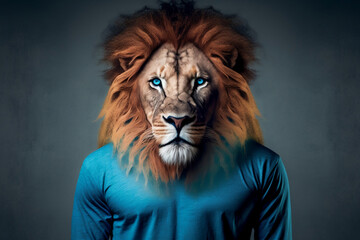 Portrait of a Lion Dressed in a Colorful T-shirt, Creative Stock Image of Animals in Suit. Generative AI