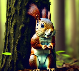 Little Squirrel in Forest, Generative AI Illustration