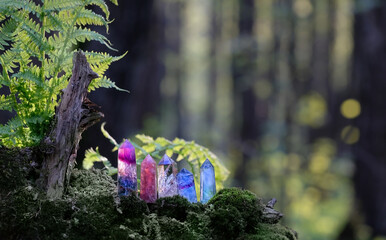 quartz gemstones towers on mysterious forest natural background. minerals for esoteric Magic...
