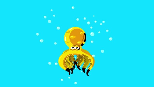 Swimming cartoon animation yellow octopus with bubbles isolated. Cute animal squid character on bluebox good for keying. Kid animations, intro, fairy tales, etc...
