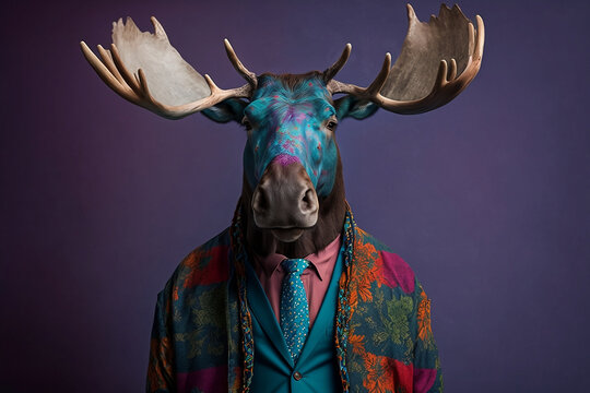 Portrait of a Moose Dressed in a Colorful Suit, Creative Stock Image of Animals in Business Suit. Generative AI
