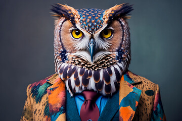 Portrait of a Owl Dressed in a Colorful Suit, Creative Stock Image of Animals in Business Suit. Generative AI