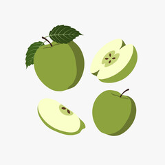 Set of green apples. Bright, juicy, tasty fruits. Vector flat illustration on white background.Set of fruits and vegetables. 