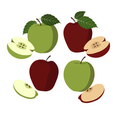 Set of fruits and vegetables. Set of green and red apples. Bright, juicy, tasty fruits. Vector flat illustration on white background