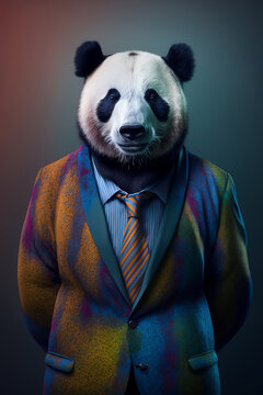 Portrait of a Panda Dressed in a Colorful Suit, Creative Stock Image of Animals in Business Suit. Generative AI