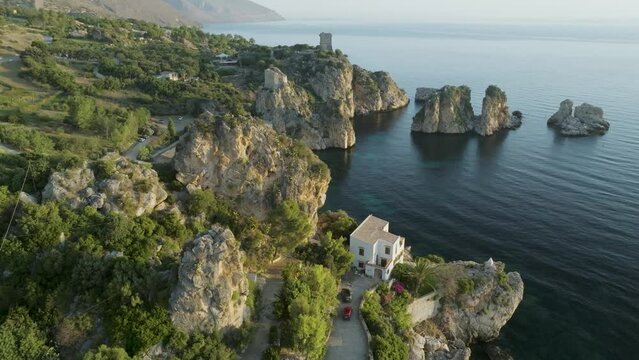 Aerial view of Marina Piccola beach in Capri Island, Naples, Campania, Italy.