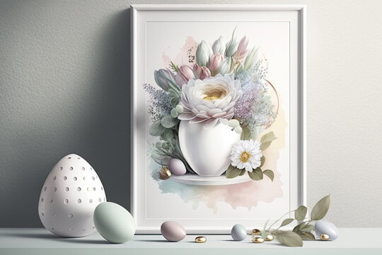Home interior with easter decor. Mockup with a white frame, painted flower composition. Two ceramic eggs at foreground. Copy space. Photorealistic image, pastel colos. Generative AI