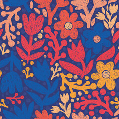 Bright hand drawn scandinavian pattern. Blue, pink, yellow, orange flowers. Modern seamless wallpaper surface design art print. Simple nice idea. Lovely textured backdrop for unusual creative things.
